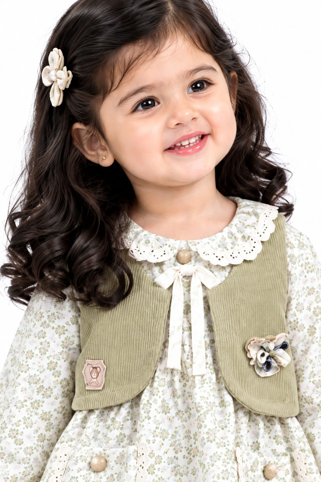 Girls' Sage Green Floral Corduroy Vest Dress & Trousers Set