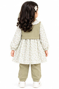 Girls' Sage Green Floral Corduroy Vest Dress & Trousers Set