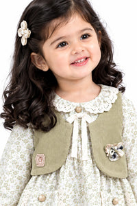 Girls' Sage Green Floral Corduroy Vest Dress & Trousers Set