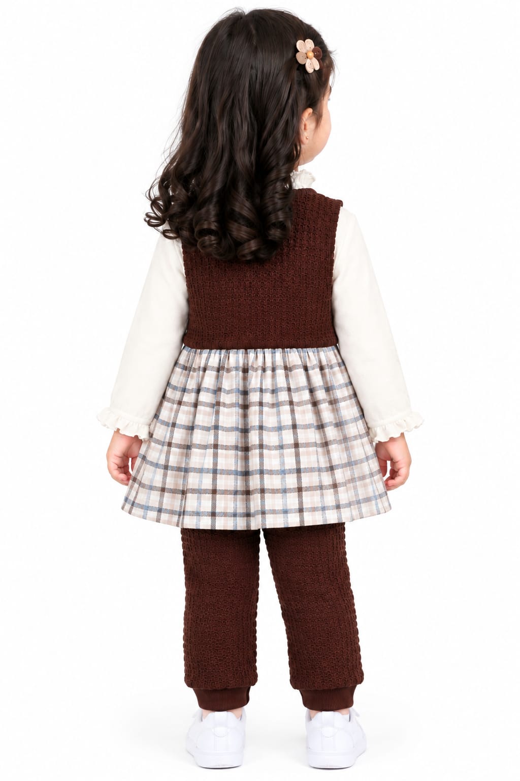 Girls' Dark Brown Knit Vest Plaid Dress & Trousers Set.