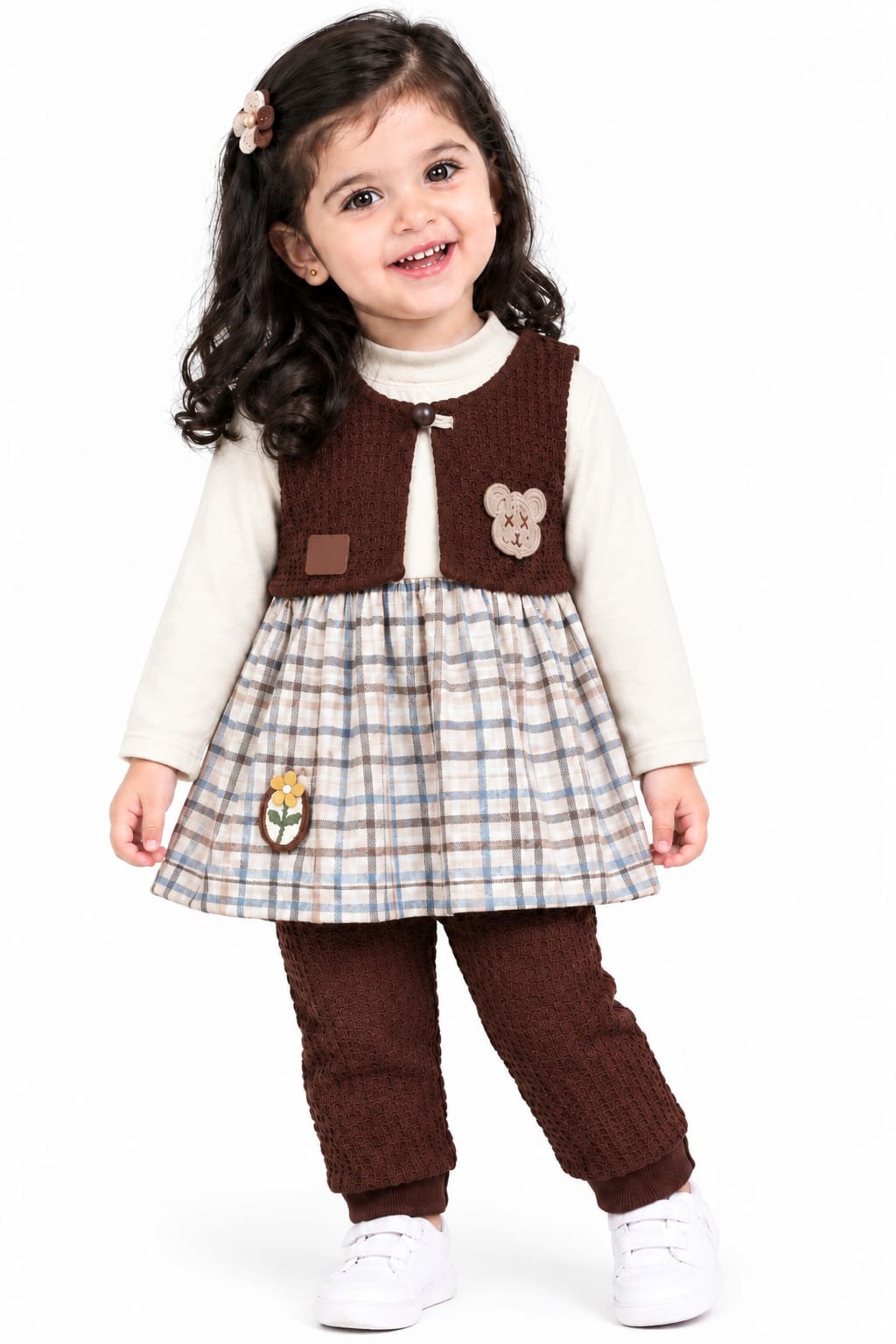 Girls' Dark Brown Knit Vest Plaid Dress & Trousers Set.