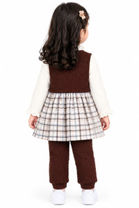 Girls' Dark Brown Knit Vest Plaid Dress & Trousers Set.