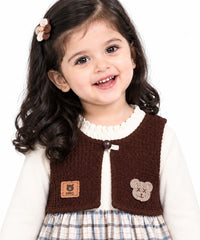 Girls' Dark Brown Knit Vest Plaid Dress & Trousers Set.