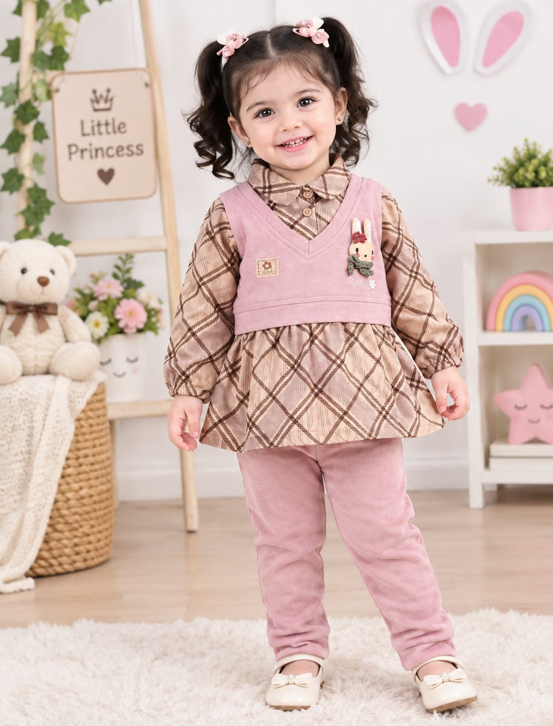 Girls' Pink Vest & Brown Plaid Layered Dress Set with Trousers.