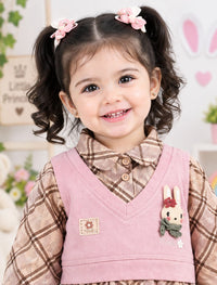 Girls' Pink Vest & Brown Plaid Layered Dress Set with Trousers.