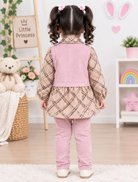 Girls' Pink Vest & Brown Plaid Layered Dress Set with Trousers.