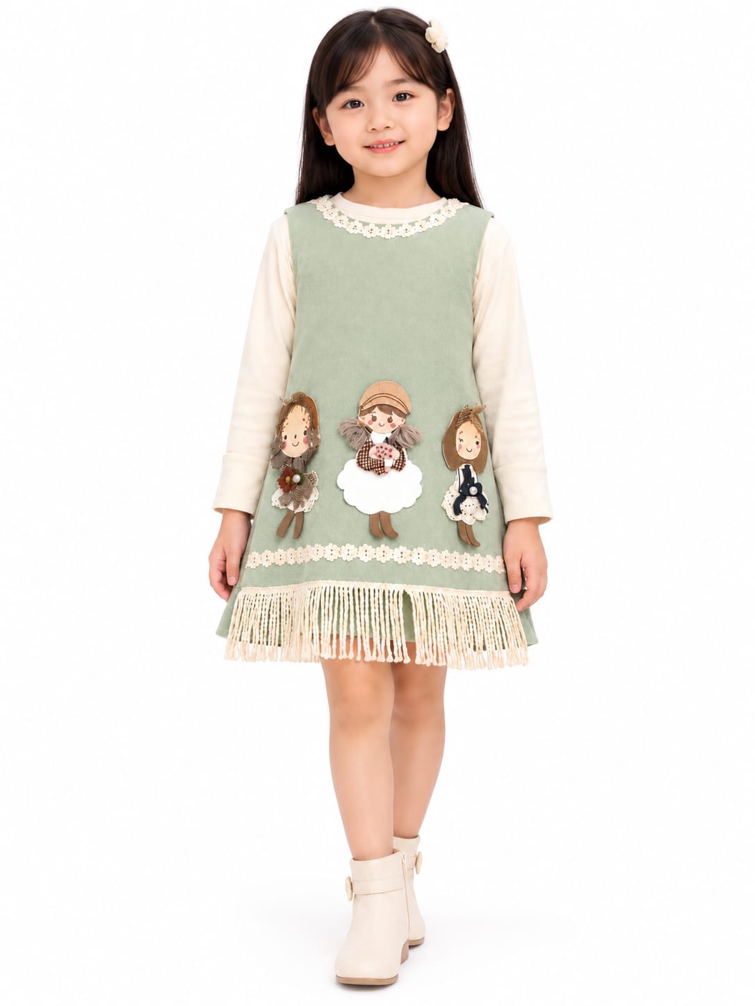 Girls' Sage Green Doll Appliqué Pinafore Dress & Cream Top Set