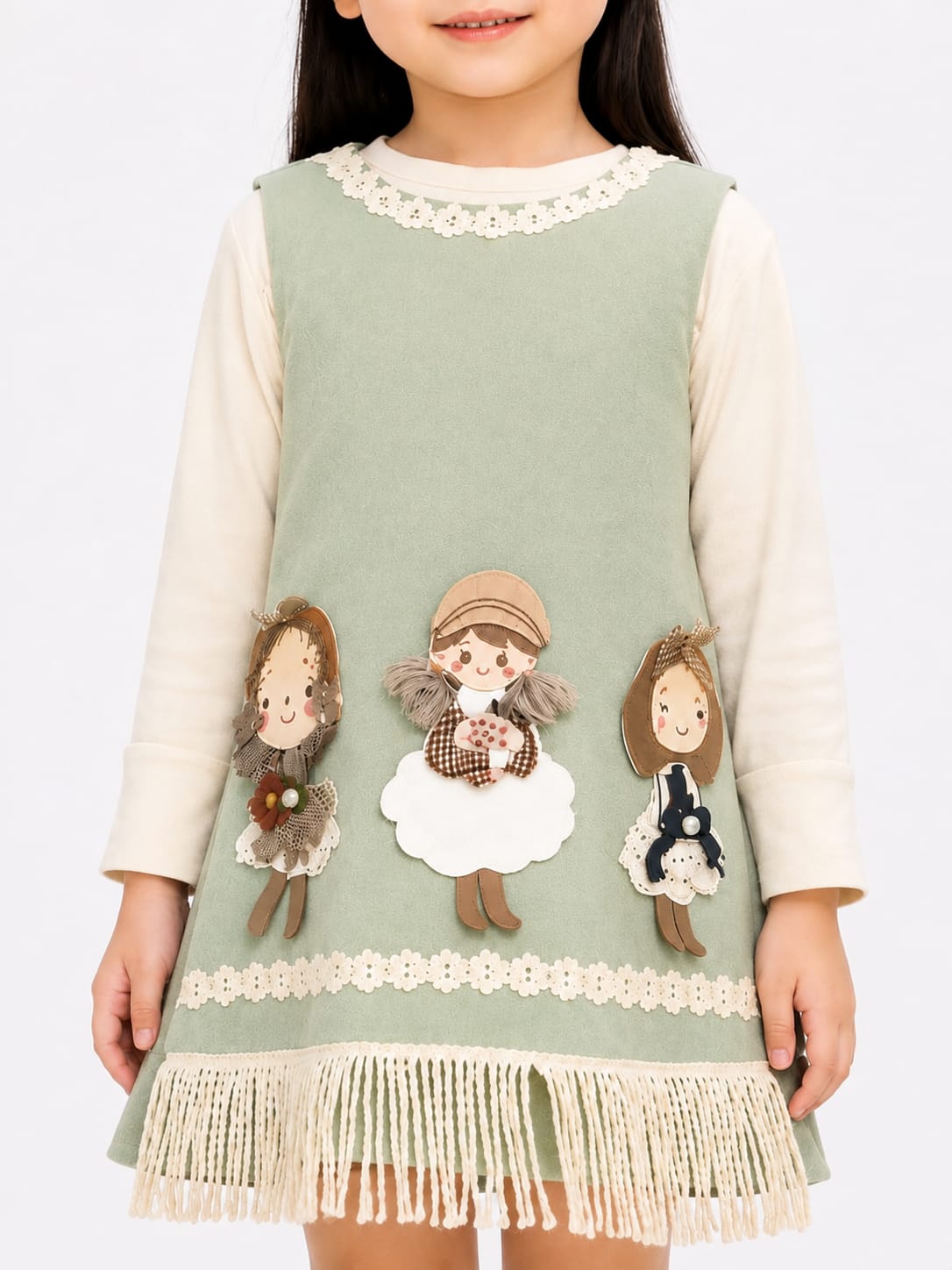 Girls' Sage Green Doll Appliqué Pinafore Dress & Cream Top Set