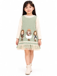 Girls' Sage Green Doll Appliqué Pinafore Dress & Cream Top Set
