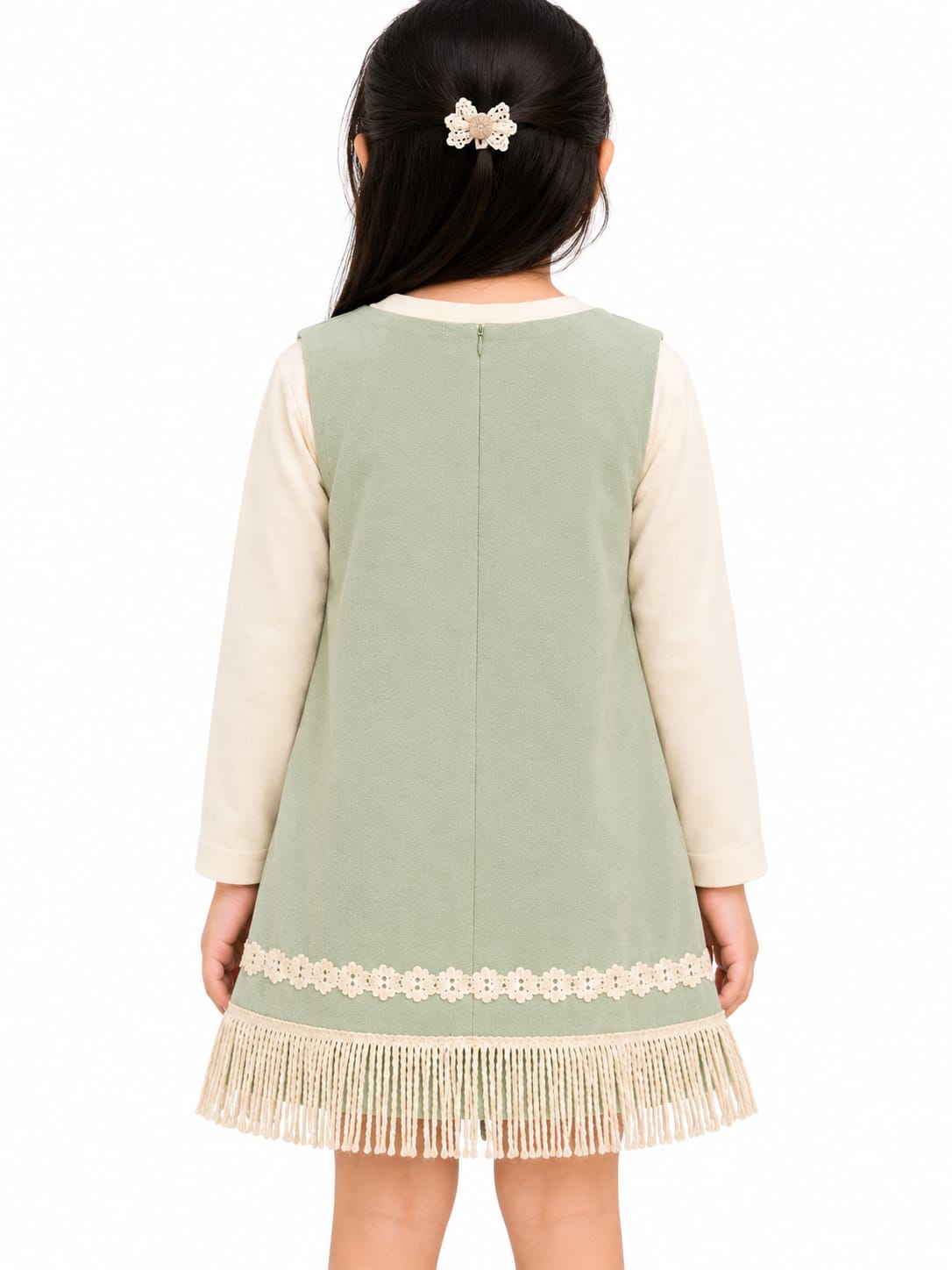 Girls' Sage Green Doll Appliqué Pinafore Dress & Cream Top Set