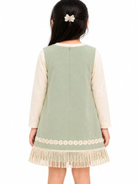 Girls' Sage Green Doll Appliqué Pinafore Dress & Cream Top Set