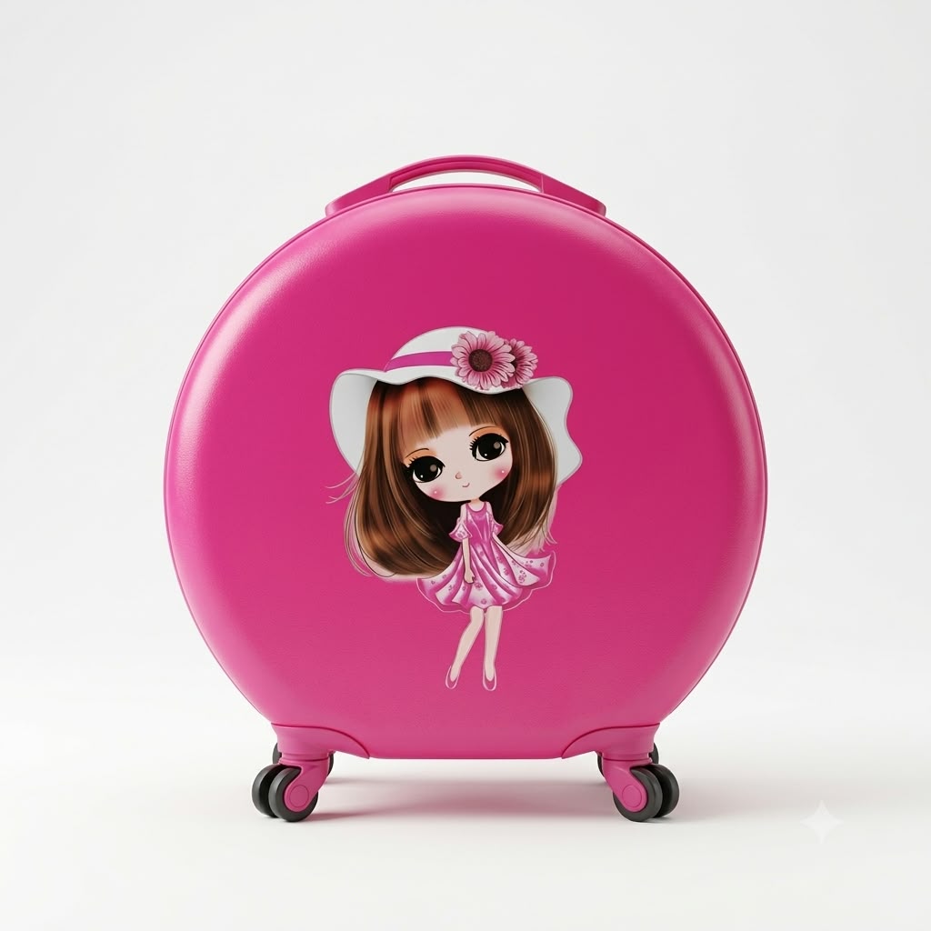 Kids' Hot Pink Round Hard-Shell Spinner Luggage / Cute Cartoon Girl Carry-On Suitcase