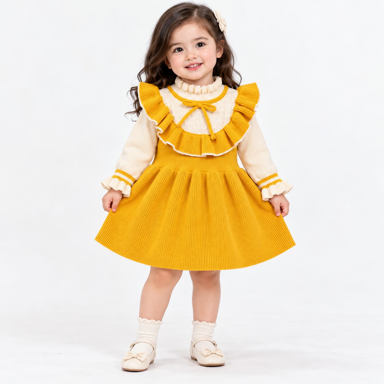 Vibrant Mustard Yellow & Cream Ruffled Knit Pinafore Dress Set