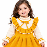 Vibrant Mustard Yellow & Cream Ruffled Knit Pinafore Dress Set