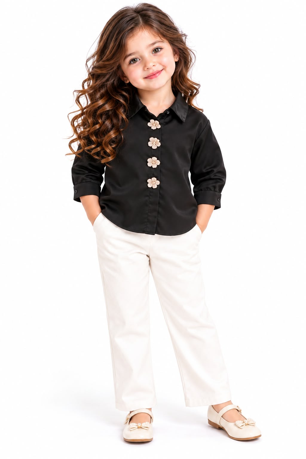 Elegant Black Button-Down Shirt with Pearl Floral Buttons