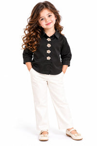 Elegant Black Button-Down Shirt with Pearl Floral Buttons