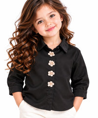 Elegant Black Button-Down Shirt with Pearl Floral Buttons