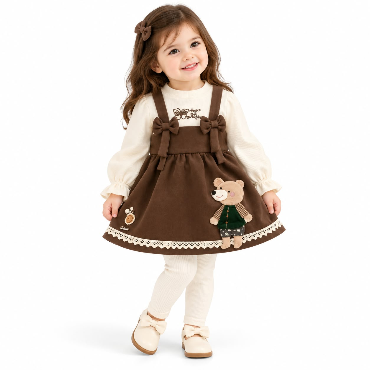 Charming Cream & Chocolate Brown Teddy Bear Pinafore Dress Set.