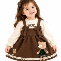 Charming Cream & Chocolate Brown Teddy Bear Pinafore Dress Set.