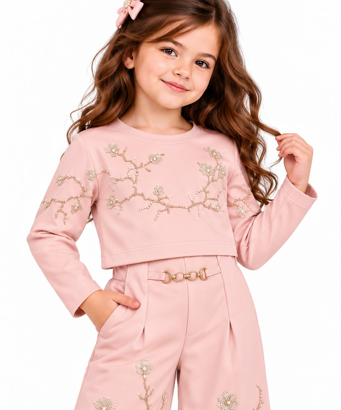 Elegant Blush Pink Floral Embroidered 2-Piece Co-Ord Set.