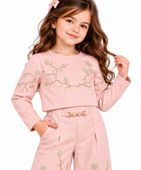 Elegant Blush Pink Floral Embroidered 2-Piece Co-Ord Set.