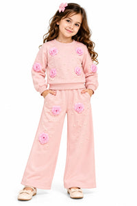 Soft Pink Floral & Pearl Embellished 2-Piece Sweatshirt & Trousers Set.