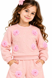 Soft Pink Floral & Pearl Embellished 2-Piece Sweatshirt & Trousers Set.