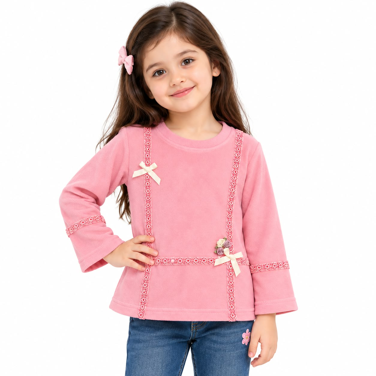 Girls' Pink Soft Fleece Top with Lace Trim & Ribbon Bow Accents