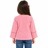 Girls' Pink Soft Fleece Top with Lace Trim & Ribbon Bow Accents