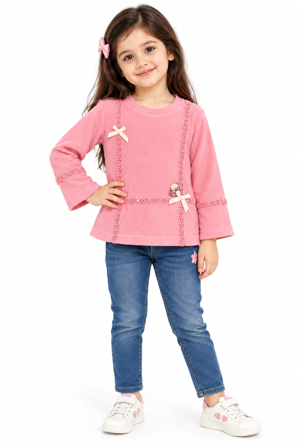 Girls' Pink Soft Fleece Top with Lace Trim & Ribbon Bow Accents