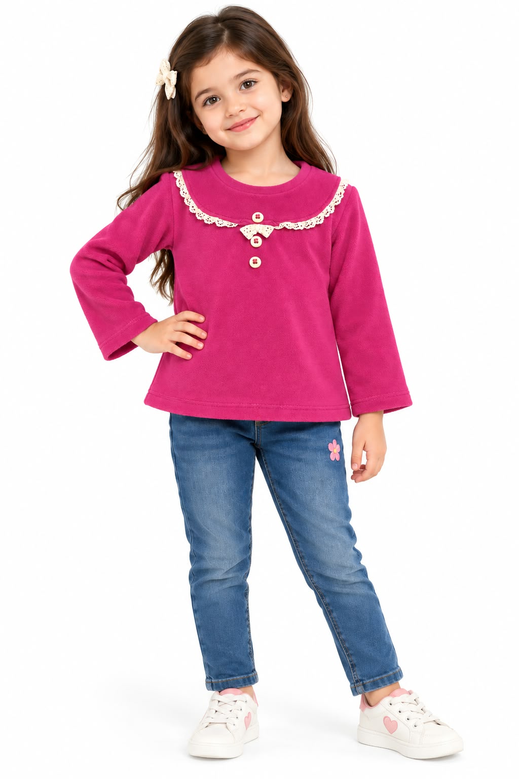 Girls' Magenta Pink Soft Fleece Top with Lace-Trimmed Yoke & Bow Detail