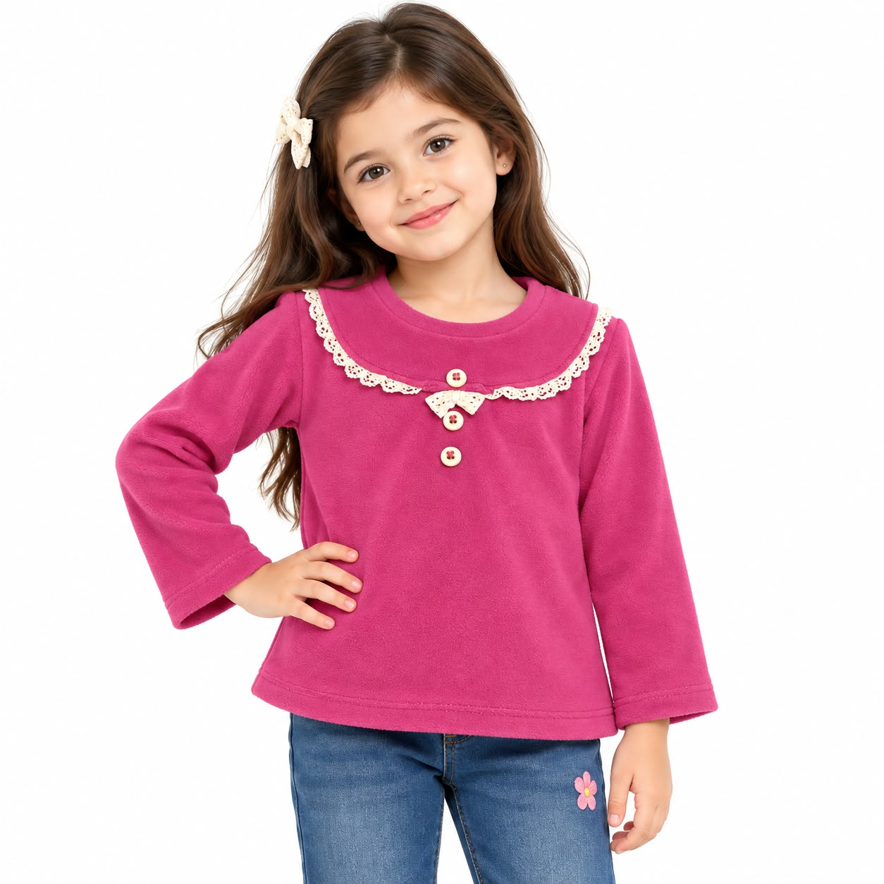 Girls' Magenta Pink Soft Fleece Top with Lace-Trimmed Yoke & Bow Detail