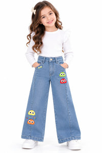 Girls' Light-Wash Wide-Leg Jeans with Googly-Eye Character Patches & Stitched Front Seams