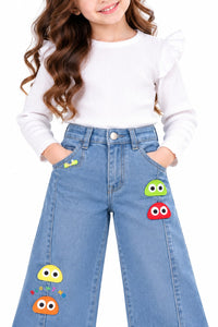 Girls' Light-Wash Wide-Leg Jeans with Googly-Eye Character Patches & Stitched Front Seams