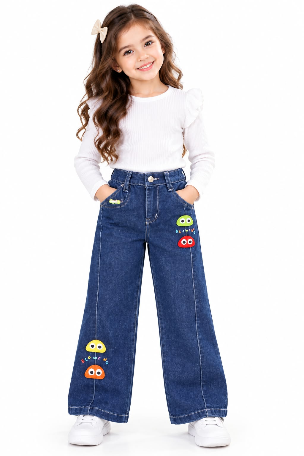 Girls' Dark Wash Wide-Leg Jeans with Colorful Character Patches & Front Seams