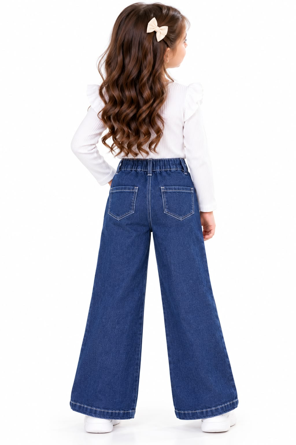 Girls' Dark Wash Wide-Leg Jeans with Colorful Character Patches & Front Seams