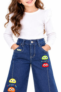 Girls' Dark Wash Wide-Leg Jeans with Colorful Character Patches & Front Seams