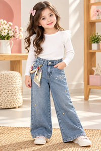 Girls' Medium Wash Wide-Leg Embellished Jeans with Scarf Belt Accent