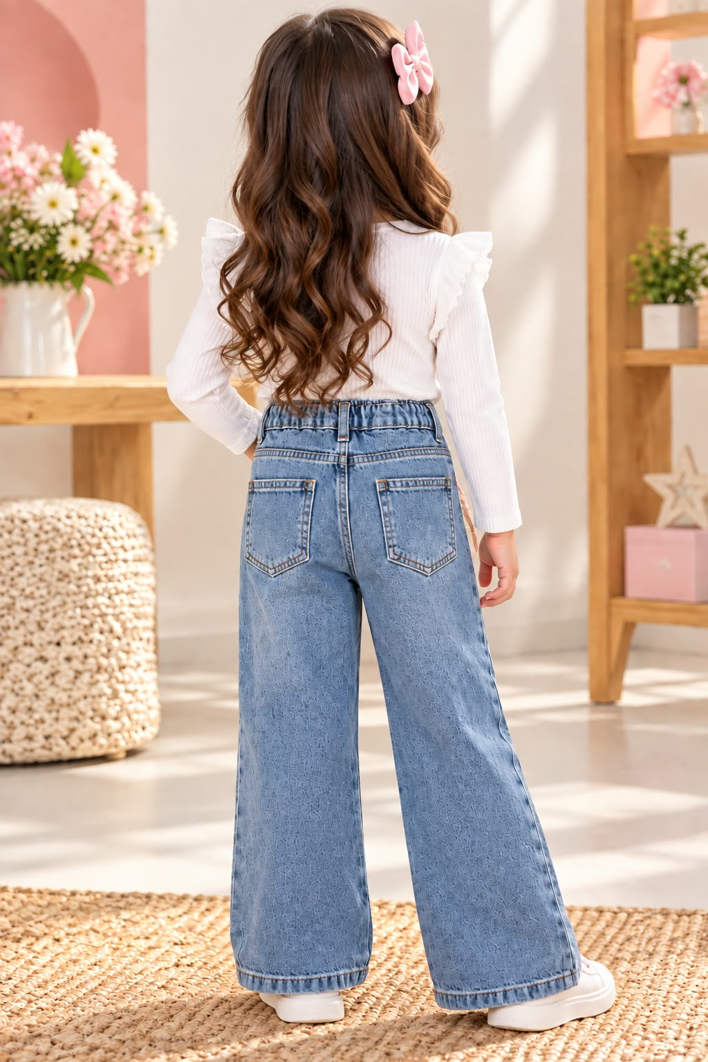 Girls' Medium Wash Wide-Leg Embellished Jeans with Scarf Belt Accent