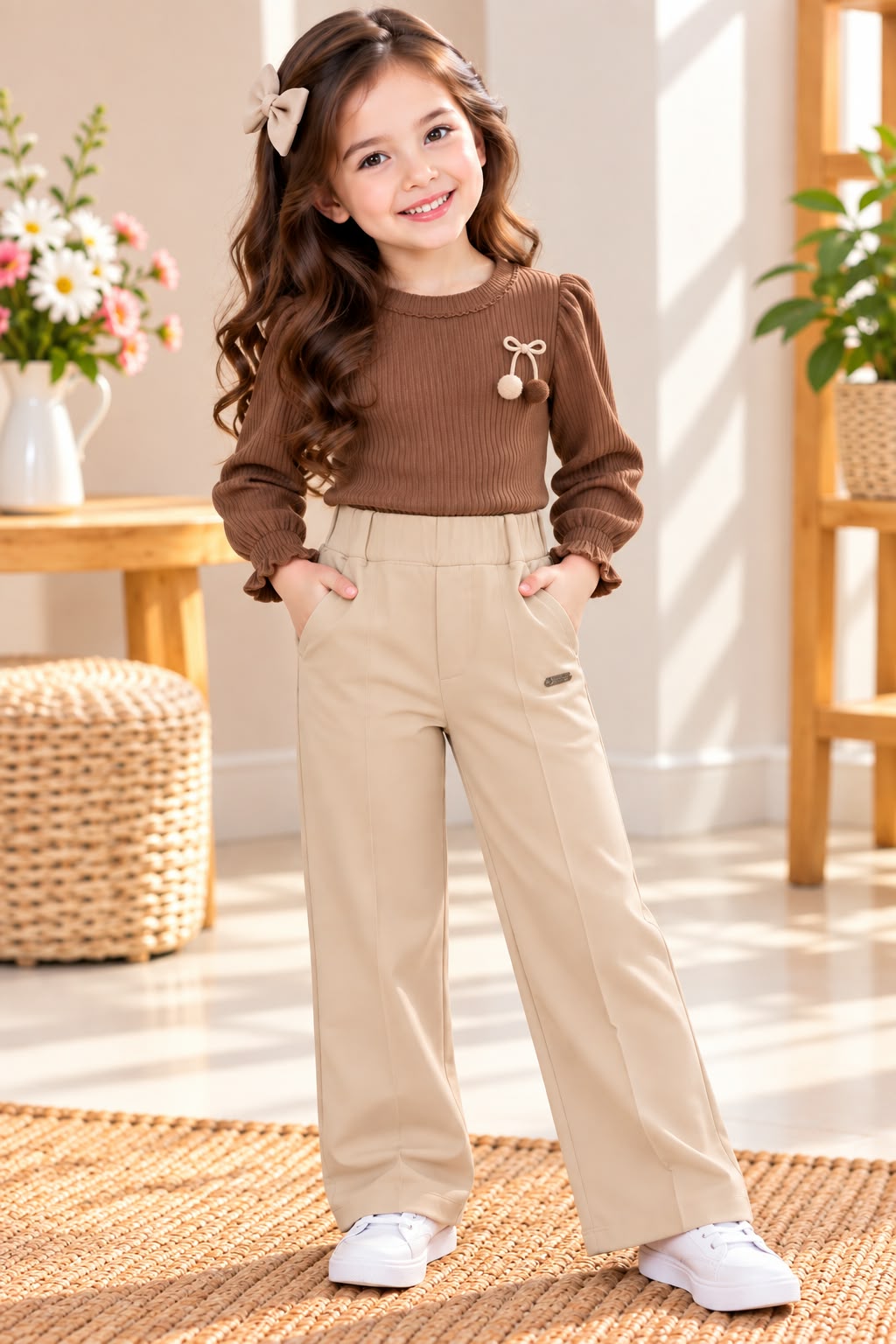 Girls' Beige High-Waisted Wide-Leg Tailored Trousers