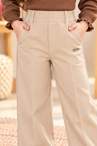 Girls' Beige High-Waisted Wide-Leg Tailored Trousers