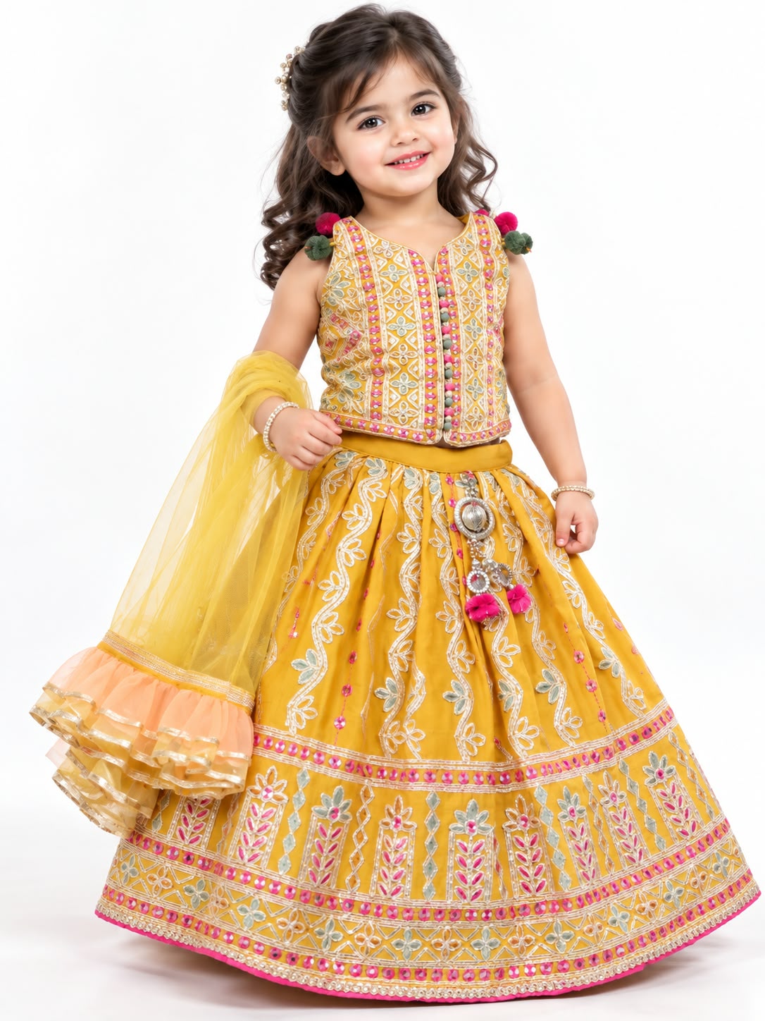 Girls' Mustard Yellow Embroidered & Sequined Lehenga with Net Dupatta