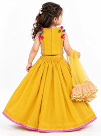 Girls' Mustard Yellow Embroidered & Sequined Lehenga with Net Dupatta