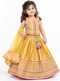 Girls' Mustard Yellow Embroidered & Sequined Lehenga with Net Dupatta