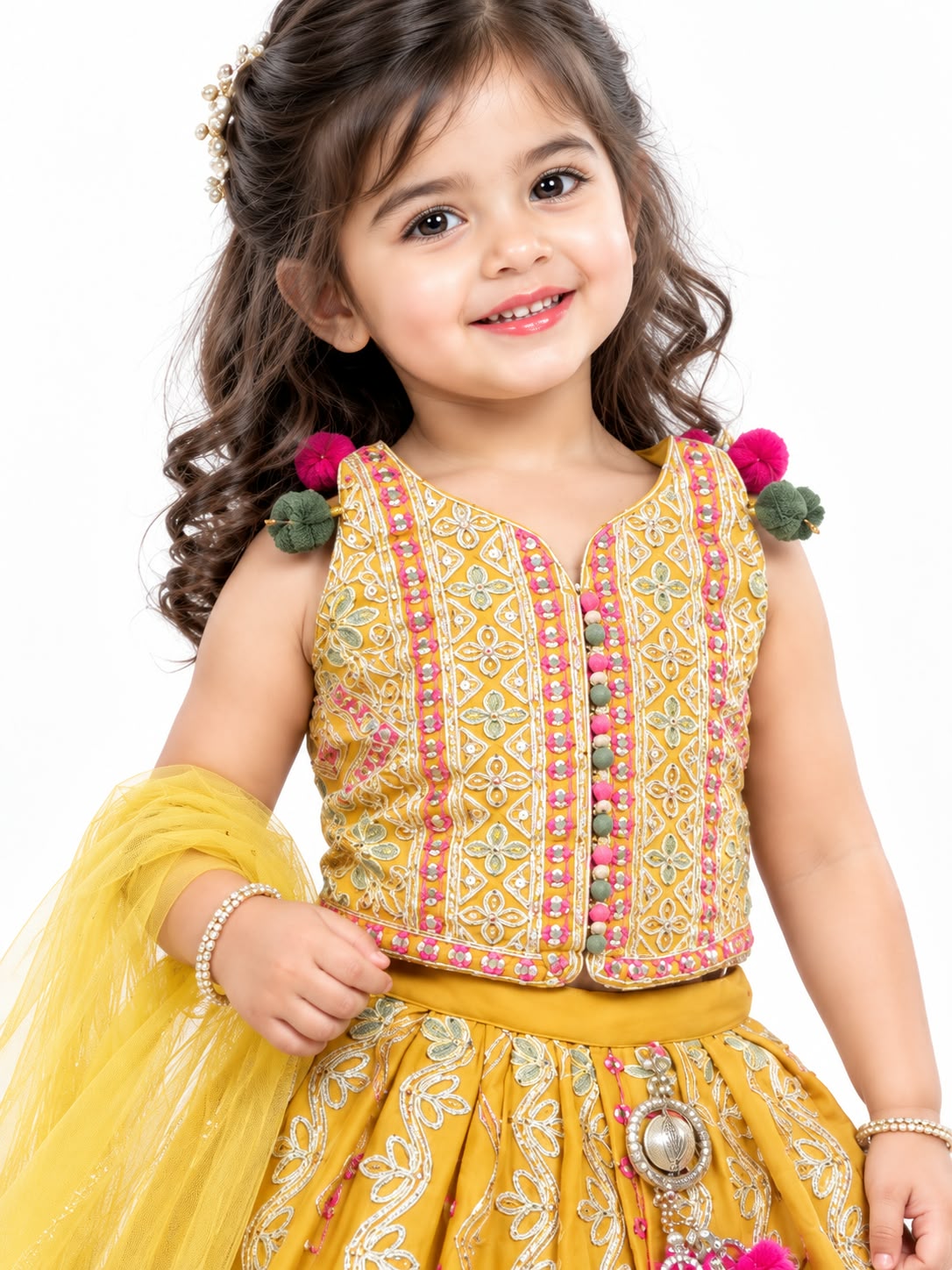 Girls' Mustard Yellow Embroidered & Sequined Lehenga with Net Dupatta