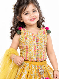 Girls' Mustard Yellow Embroidered & Sequined Lehenga with Net Dupatta