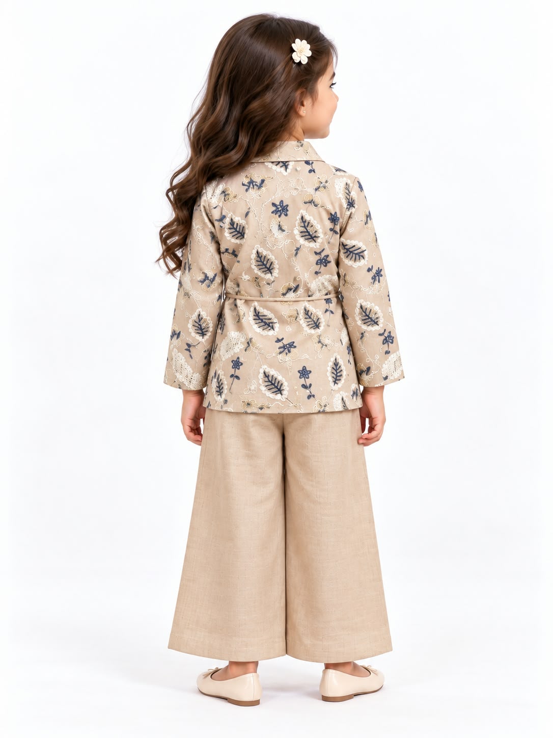 Girls' Beige Embroidered Jacket & Wide-Leg Trousers Set