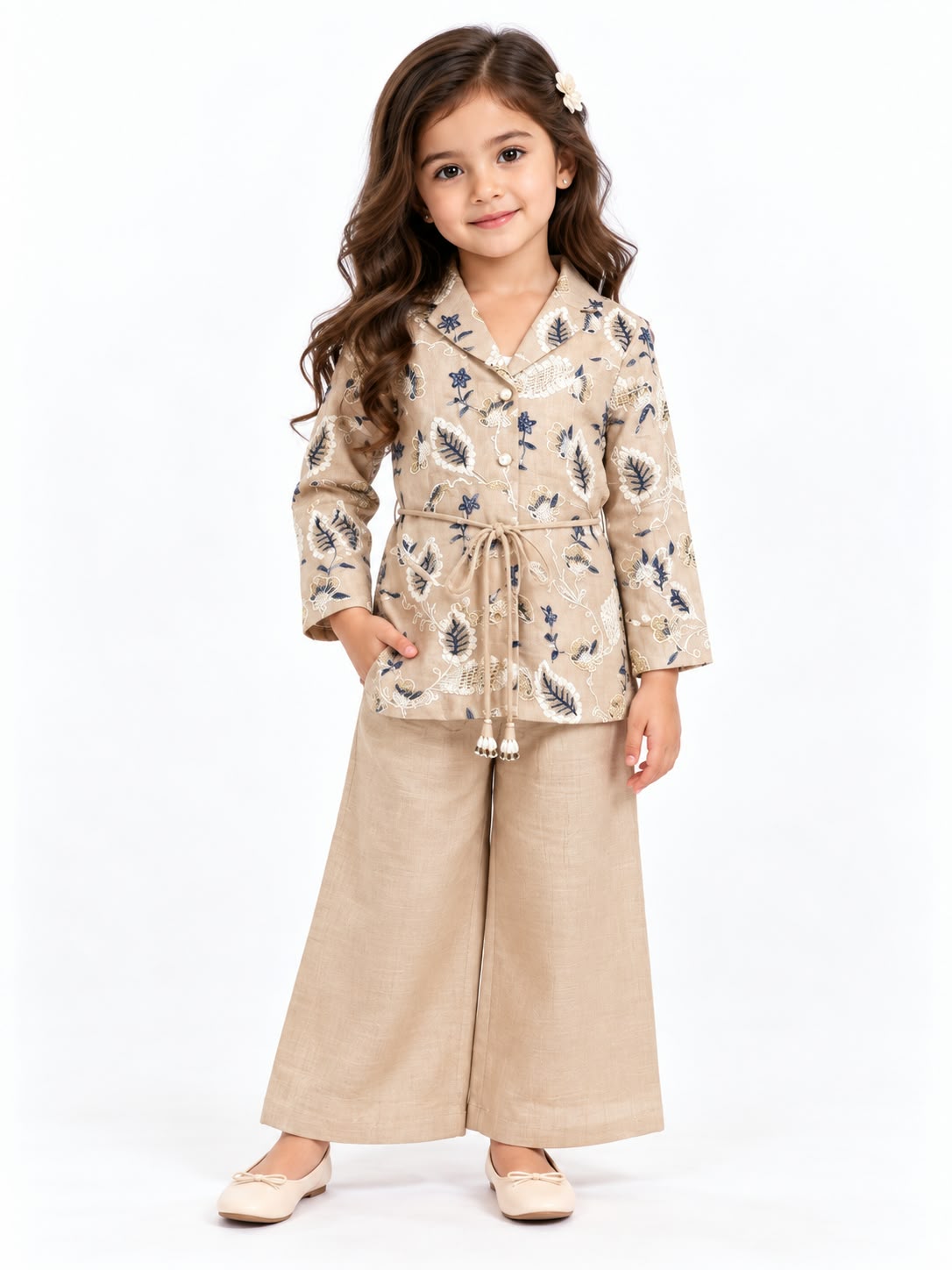 Girls' Beige Embroidered Jacket & Wide-Leg Trousers Set