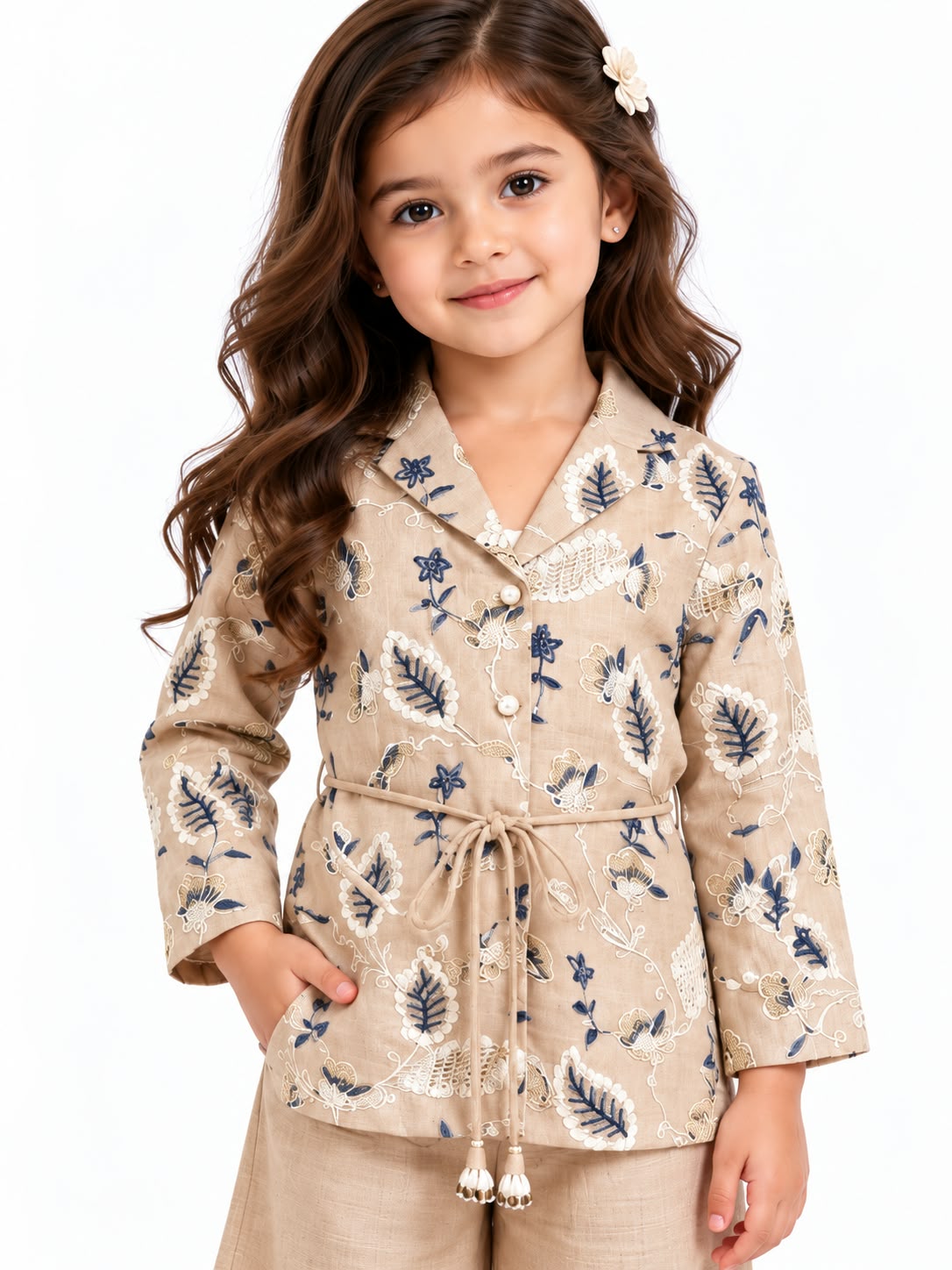 Girls' Beige Embroidered Jacket & Wide-Leg Trousers Set