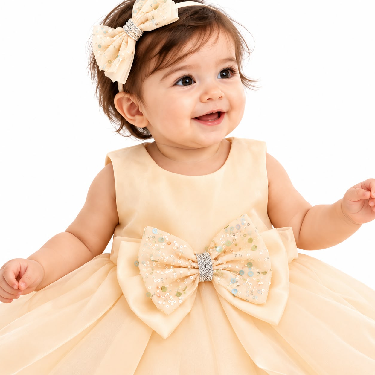 Baby Girls' Cream Organza Sequined Bow Party Frock with Matching Headband Set